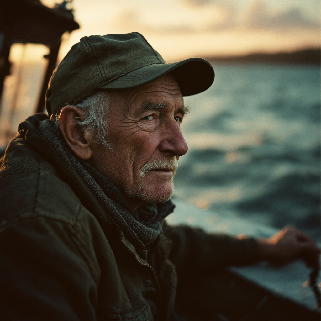 cinematic portrait of an old fisherman at golden hour, 35mm film