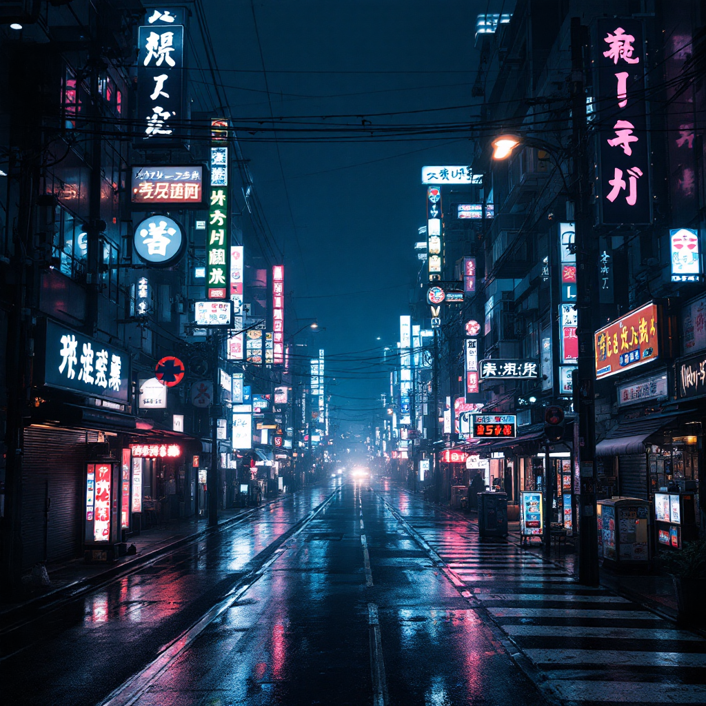 cyberpunk Tokyo street at midnight, neon reflections in puddles